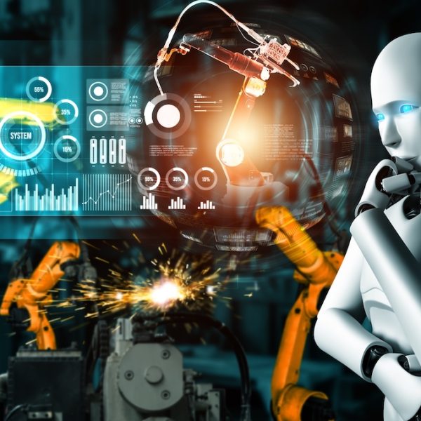 Mechanized industry robot and robotic arms for assembly in factory production .